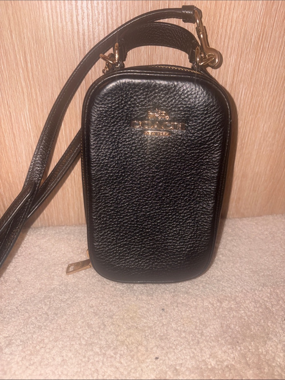 Coach Black Pebbled Leather Crossbody Phone Pouch with Gold Hardware